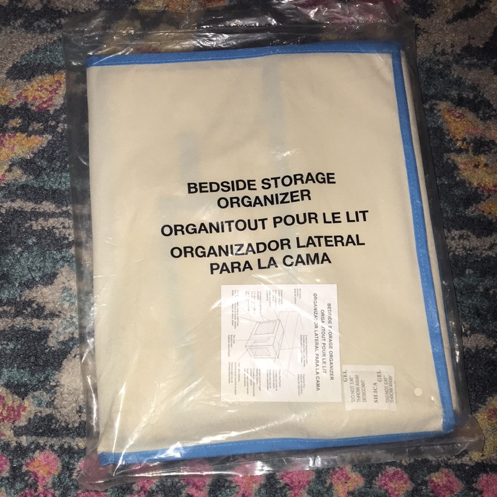 NWT bedside storage organizer in blue trim and tan color